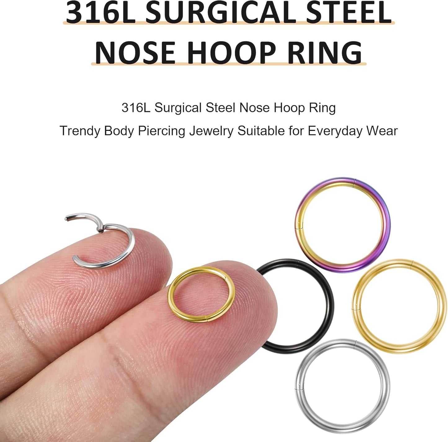 4 Pcs Nose Rings Hoops for Women, 14K Gold Hinged Clickers Nose Rings for Men, Hypoallergenic 316L Surgical Steel Cartilage Tragus Helix Daith Earring Lip Hoop Ring 20g 18g 6 8mm