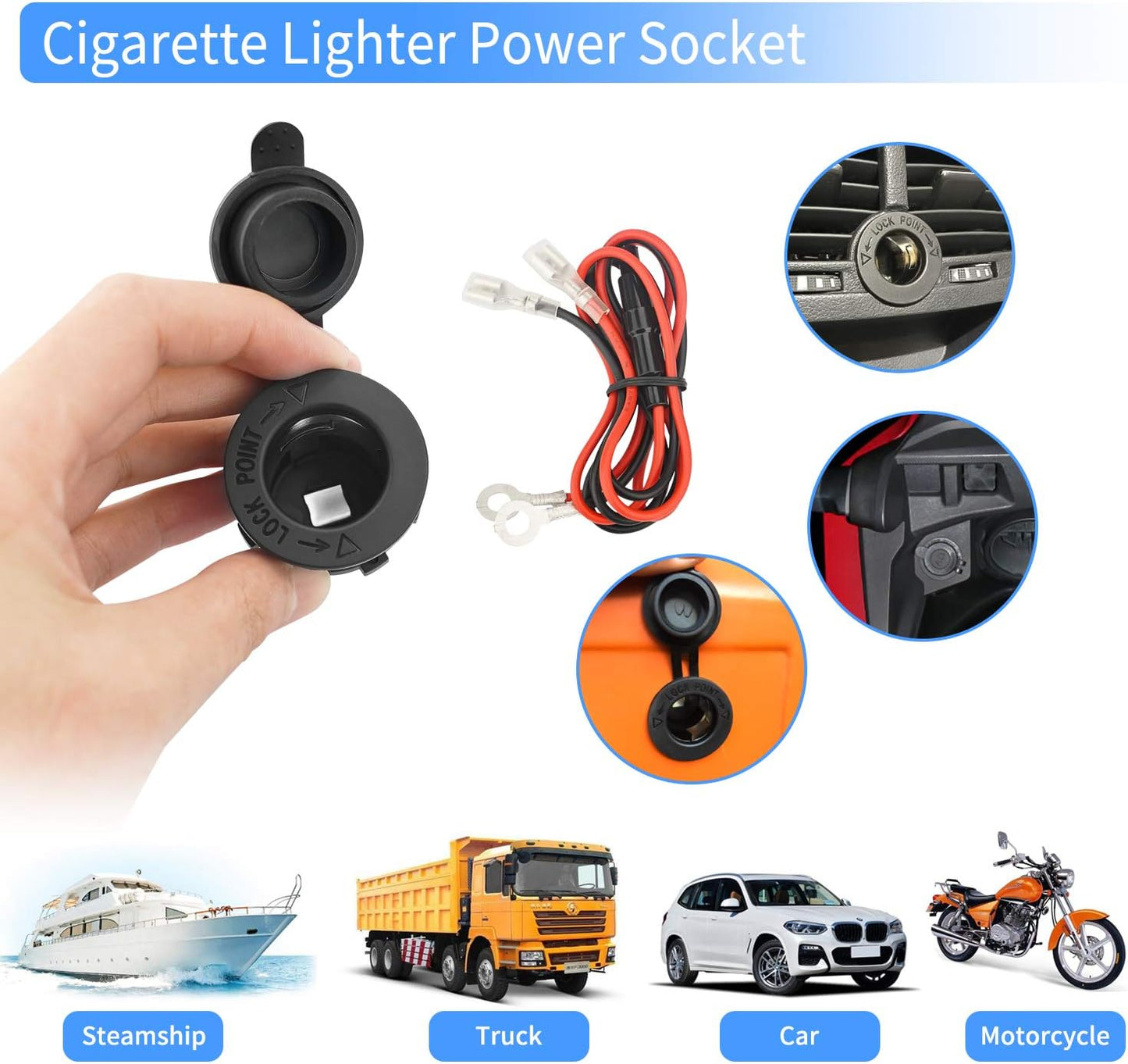 12V Car Cigarette Lighter Socket Waterproof and Dustproof Plug Socket for Car Truck Motobike Boats Marine ATV, with Fuse & 60cm Cable (Black-3PCS)