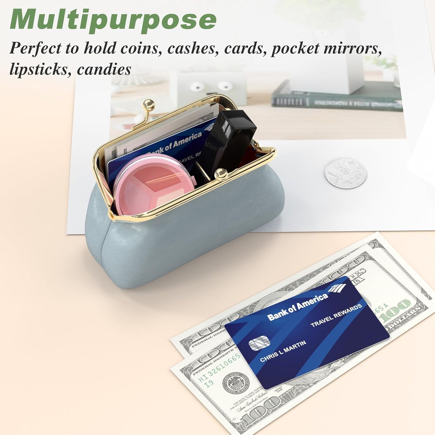 Coin Purse, Small PU Leather Change Purse, Coin Purse Wallet with Clasp, Car Coin Holder Pouch for Woman Men Kids Girls, Blue