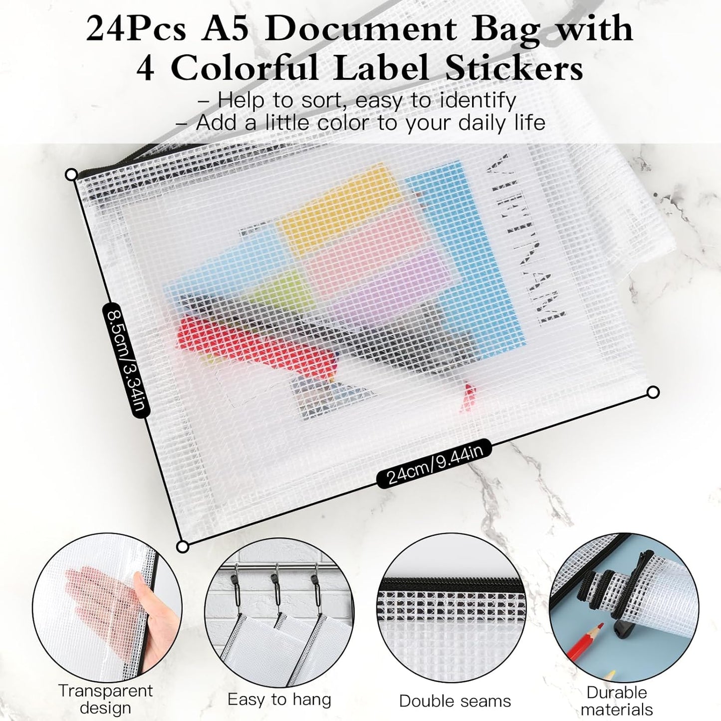 Mesh Zipper Pouch Bags, 24Pcs A5 Zipper Wallet Bags, Waterproof Pochette Plastique, Clear Mesh Plastic Zipper Pouch for Office Supplies, Documents, Paper, Travel, Cosmetics