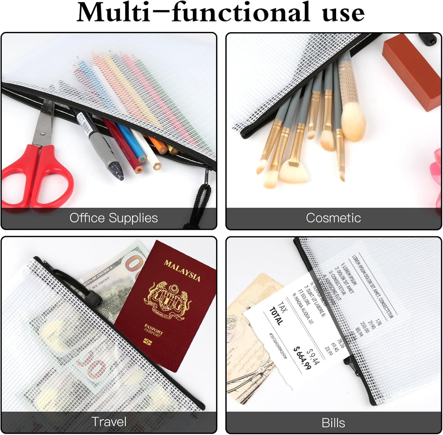 Mesh Zipper Pouch Bags, 24Pcs A5 Zipper Wallet Bags, Waterproof Pochette Plastique, Clear Mesh Plastic Zipper Pouch for Office Supplies, Documents, Paper, Travel, Cosmetics