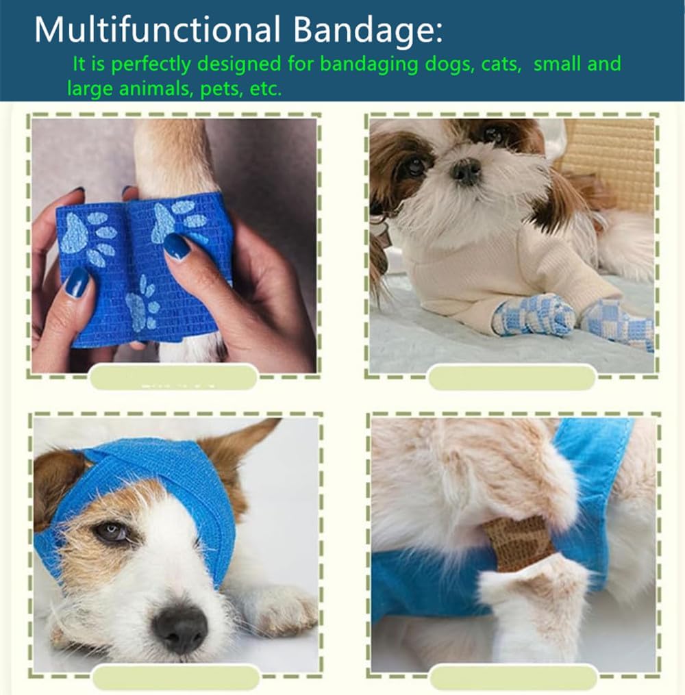 4 Rolls Pet Self Adhesive Bandage, Pet Vet Wrap Tape Waterproof Non-Woven Cohesive Gauze Rolls for Dog Cat Animals, Cohesive Bandages for Wrist Healing Ankle Sprain & Swelling Sport (2 x 5 Yards)