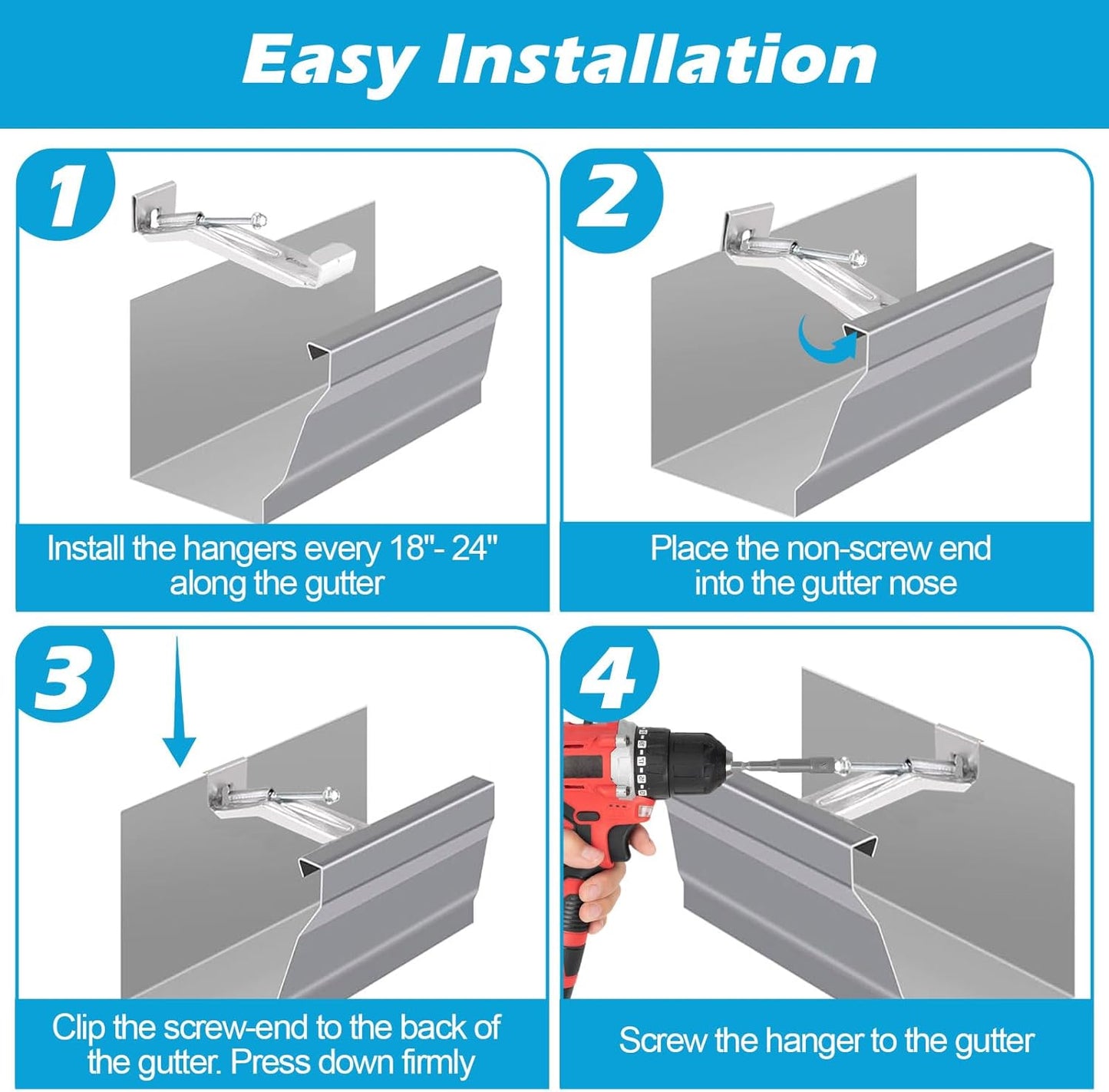 25 Pack Gutter Hangers, 5 Inch Gutter Guard with Speed Screw and Clip, Hidden Rain Gutter Bracket Support, Includes a Drill Bit