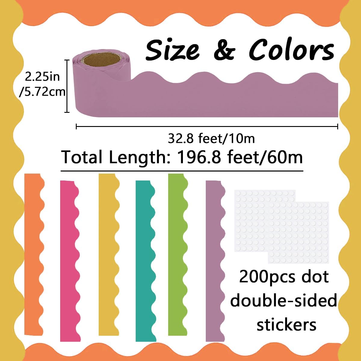 Bulletin Board Borders Set - 6 Rolls 196.8 Ft Bright Bulletin Board Decorations for Office, School Classroom Decor, Teachers & Home DIY - Posters & Birthday Parties - Board Trim