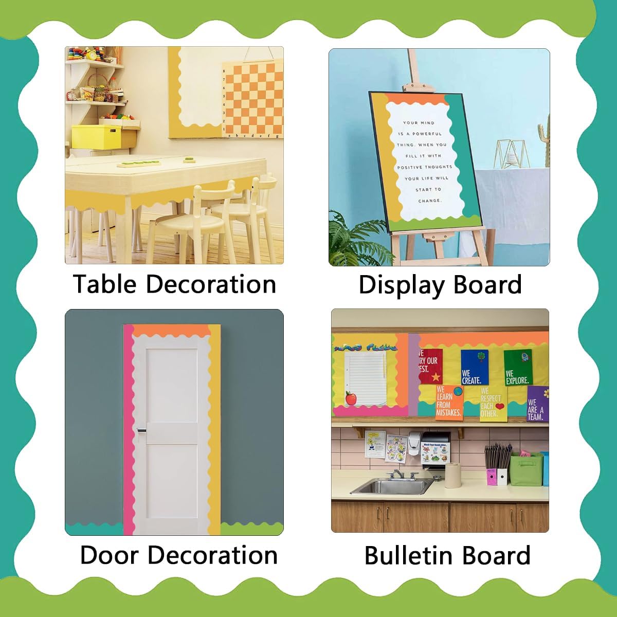 Bulletin Board Borders Set - 6 Rolls 196.8 Ft Bright Bulletin Board Decorations for Office, School Classroom Decor, Teachers & Home DIY - Posters & Birthday Parties - Board Trim