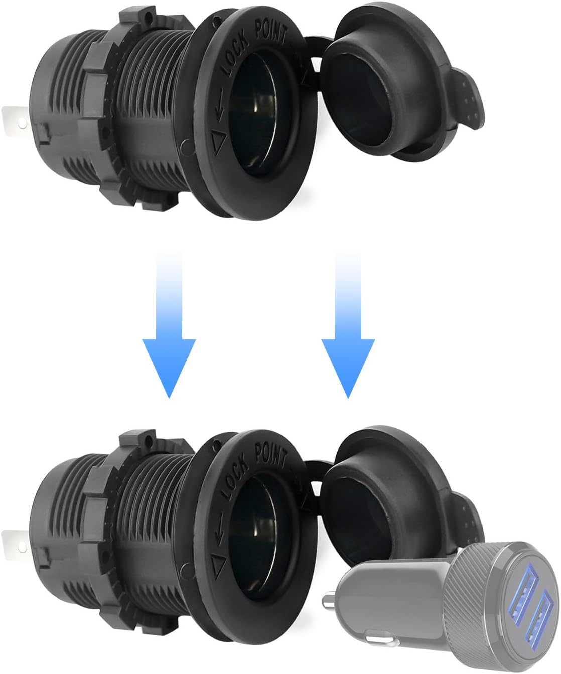 12V Car Cigarette Lighter Socket Waterproof and Dustproof plug socket for Car Truck Motobike Boats Marine ATV, with Fuse & 60cm Cable (Black-1PCS)