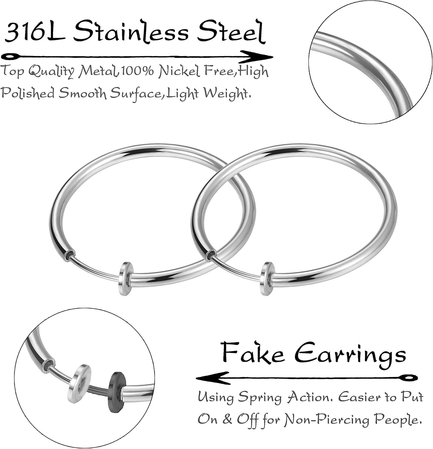 Stainless Steel 4 Pairs Clip On Hoop Earrings for Women Men Non Pierced Earrings