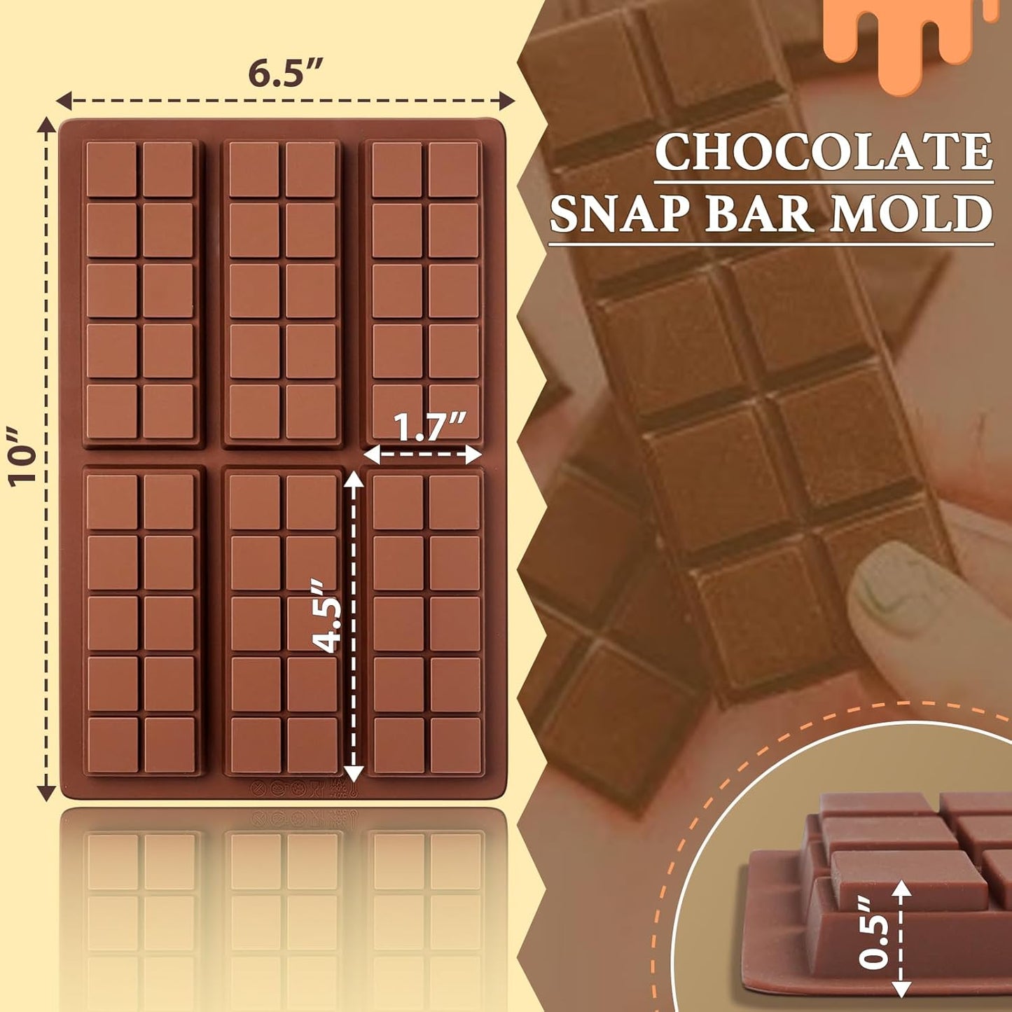 Chocolate Bar Molds, Silicone Snap Bars Making Set, Break Apart Wax Melt Mould, Easy Release Soy Candle Molds Rectangle Durable Non-Stick for Protein and Energy Soap Home DIY Handmade Gifts