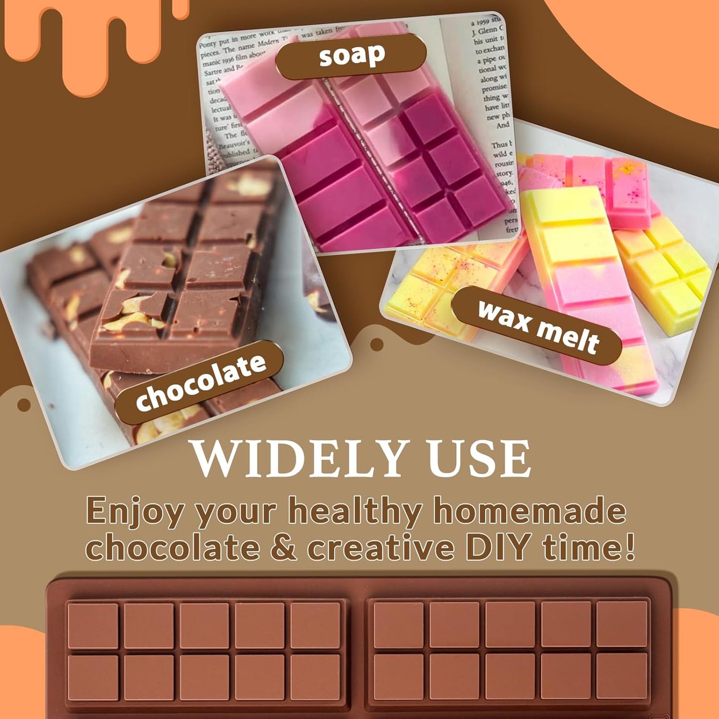 Chocolate Bar Molds, Silicone Snap Bars Making Set, Break Apart Wax Melt Mould, Easy Release Soy Candle Molds Rectangle Durable Non-Stick for Protein and Energy Soap Home DIY Handmade Gifts