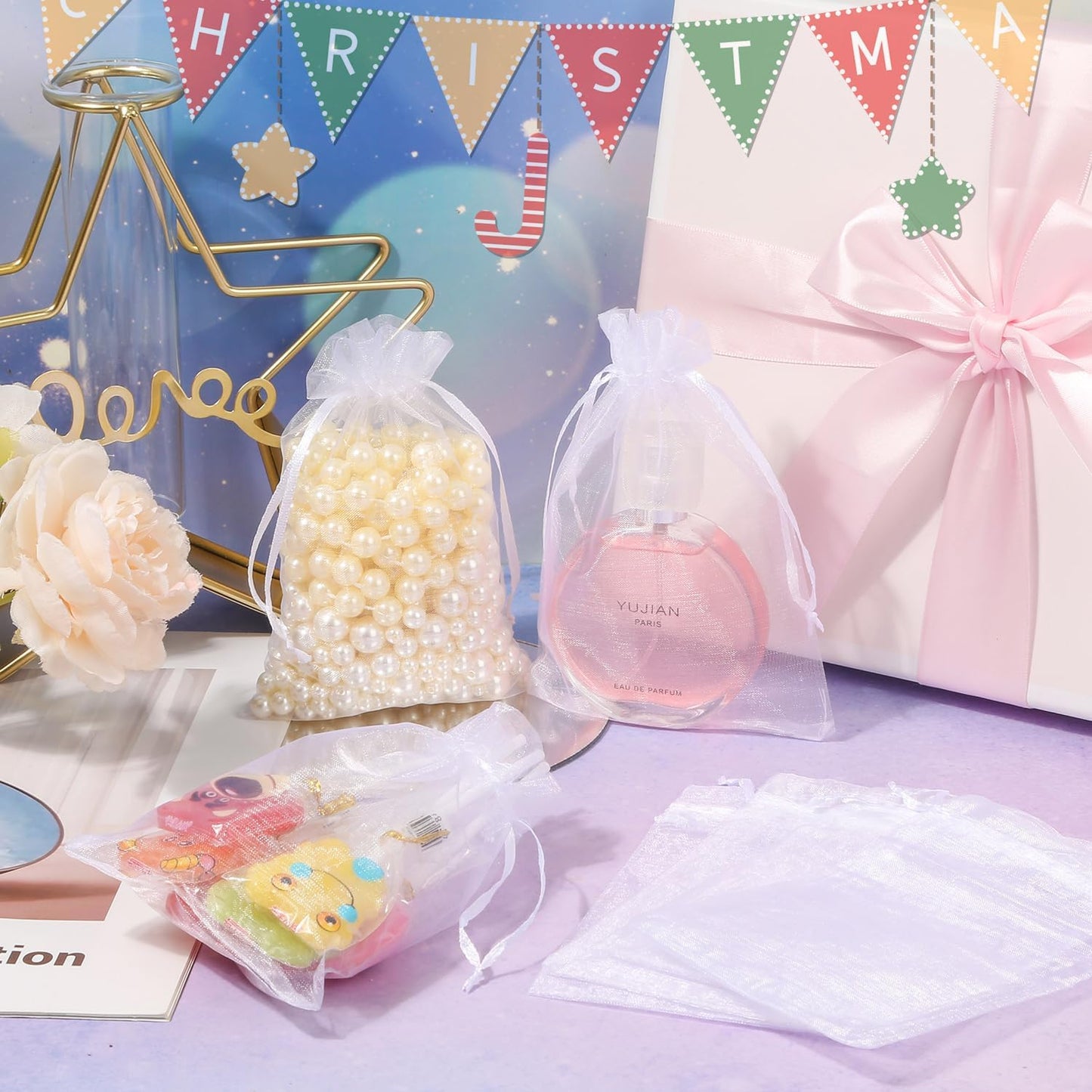 100PCS Premium Sheer Organza Bags, White Wedding Favor Bags Drawstring, 4x4.72 Jewelry Gift Bags Party, Jewelry, Festival, Bathroom Soaps, Makeup Organza Favor Bags