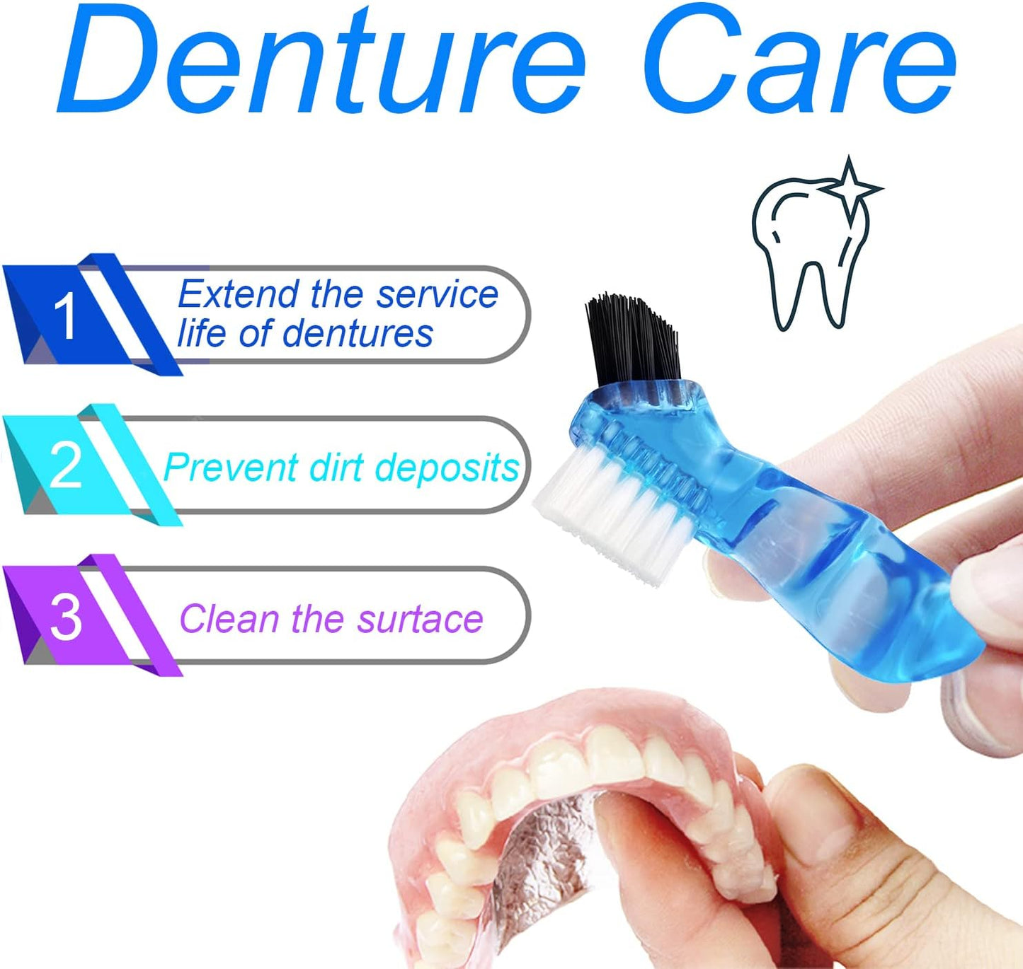Denture Cup Orthodontic Retainer Case, Denture Bath Box Dental Mouthguard Case Cleaning with Brush, Strainer Basket and Lid Waterproof - Blue
