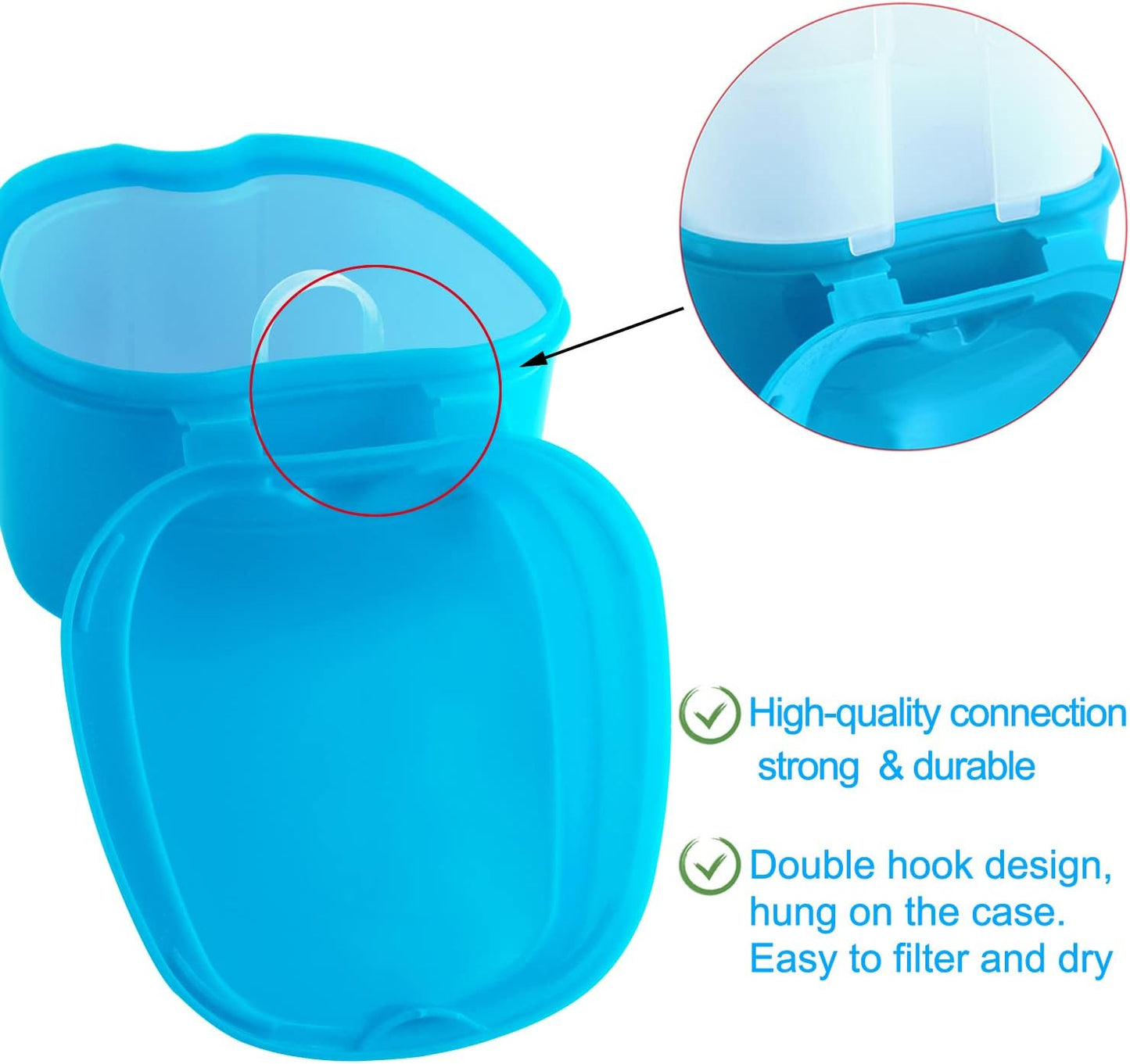 Denture Cup Orthodontic Retainer Case, Denture Bath Box Dental Mouthguard Case Cleaning with Brush, Strainer Basket and Lid Waterproof - Blue
