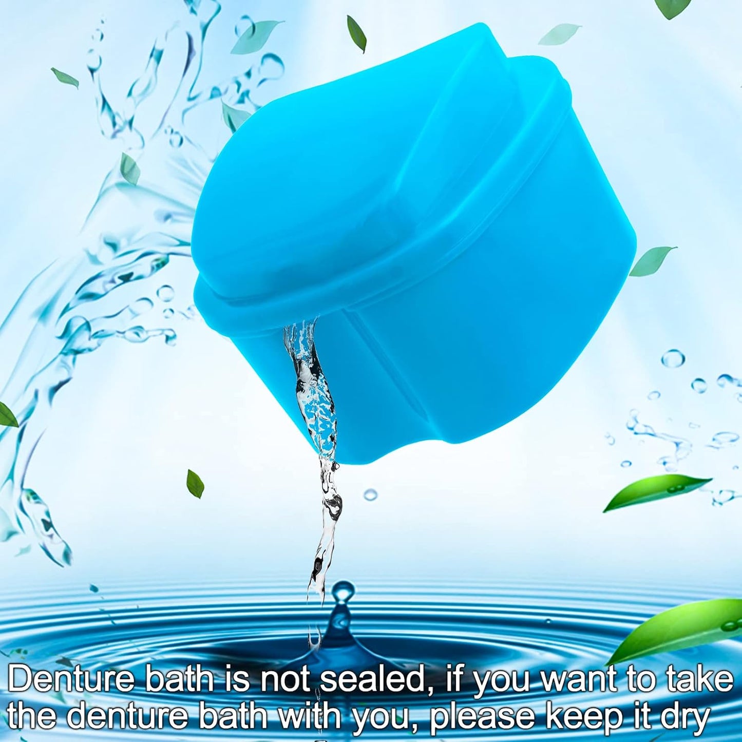 Denture Cup Orthodontic Retainer Case, Denture Bath Box Dental Mouthguard Case Cleaning with Brush, Strainer Basket and Lid Waterproof - Blue