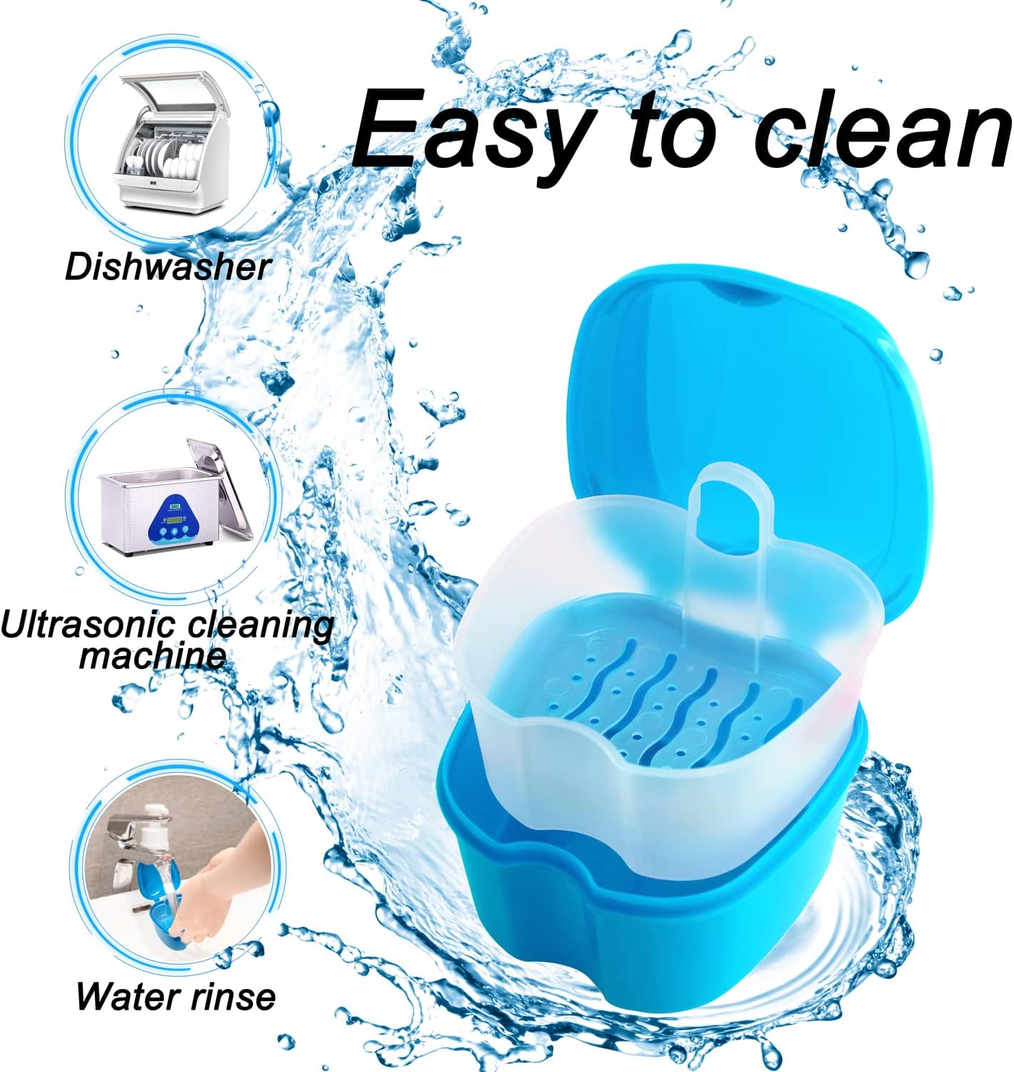 Denture Cup Orthodontic Retainer Case, Denture Bath Box Dental Mouthguard Case Cleaning with Brush, Strainer Basket and Lid Waterproof - Blue