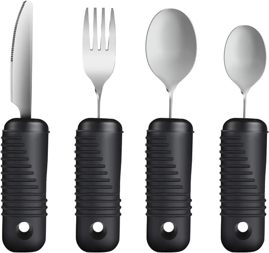 YPC Adaptive Utensils,Easy Grip Silverware,Built Up Bendable Fork,Teaspoon,Tablespoon and Knife for Tremors,Adults,Elderly,Arthritis and Parkinsons,4 Piece Set