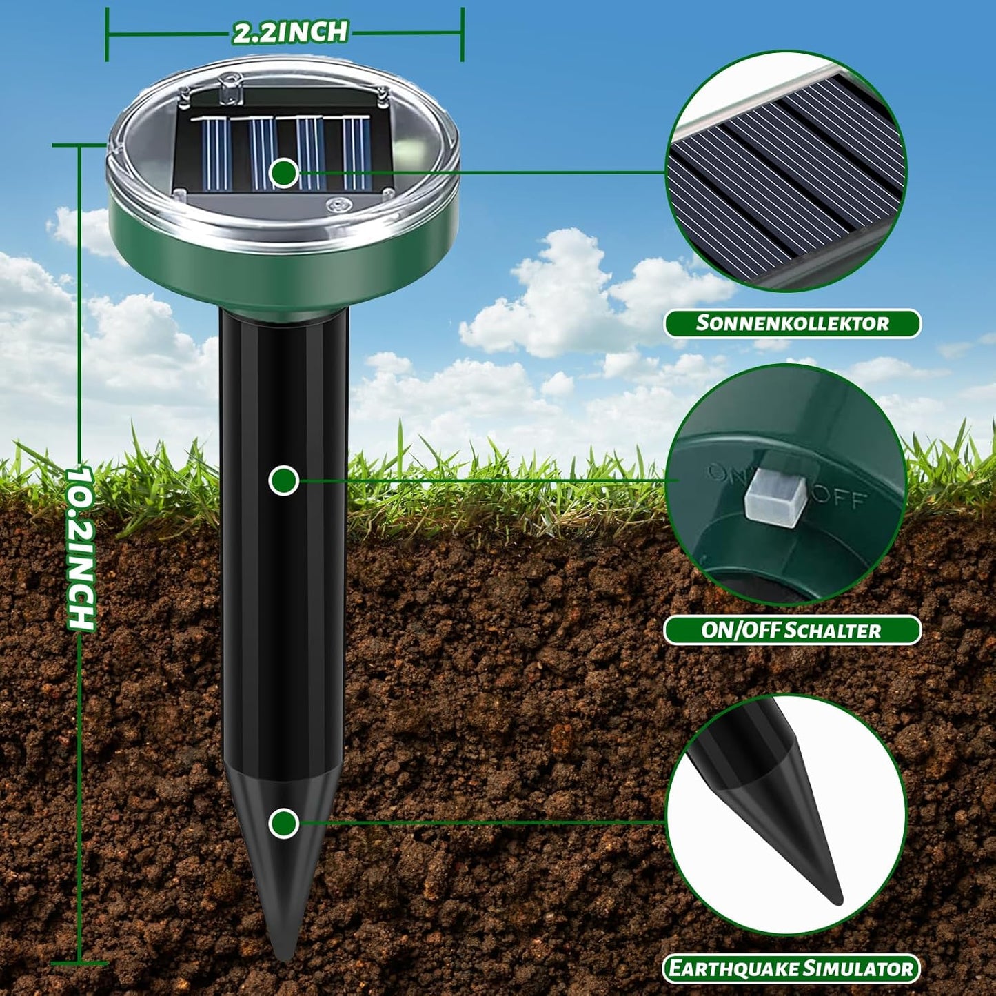 Mole Repellent 10 Packs, Outdoor Solar-Powered Animal Repellent, Waterproof Mole Killer Traps for Garden, Yard, Lawn,Effectively Repels Groundhog Snake Vole