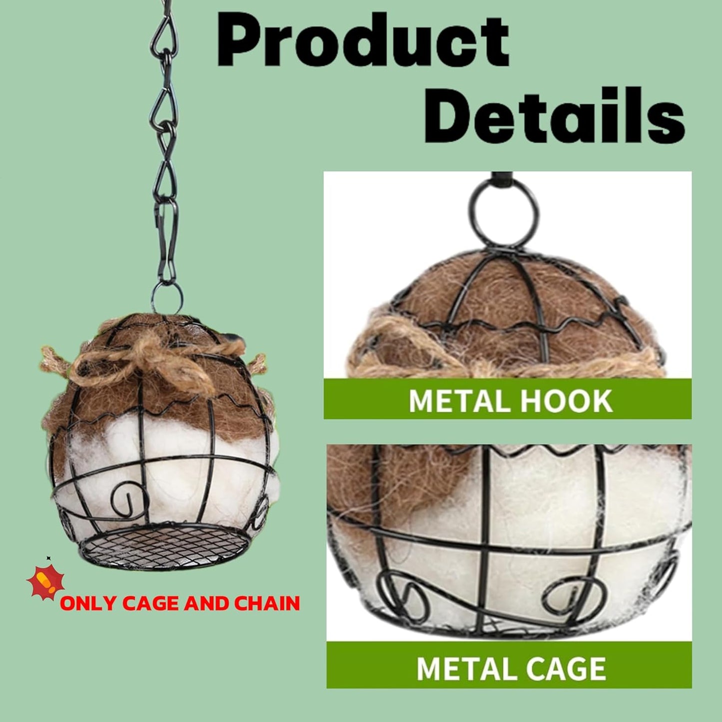 Outdoor Bird Nesting Ball,Metal Hanging Bird Cage,Outdoor Grid Bird Feeder,Garden Patio Nesting Ball,Design for Bird Lover Gifts,Bird Watching Gifts,Garden Ornament (Black, Large)