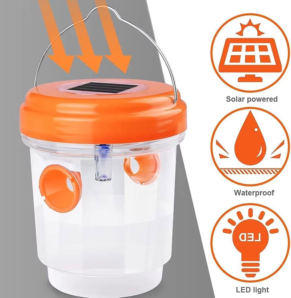 Solar Wasp Trap Outdoor Hanging,Solar Powered Bee Trap Reusable Fly Traps Outdoor Hanging Wasp Killer for Indoor Outdoor Patio Garden Home(Orange)