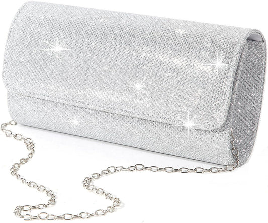 Evening Bag Clutch Purses for Women, Ladies Sparkling Party Handbag Wedding Bag, Silver
