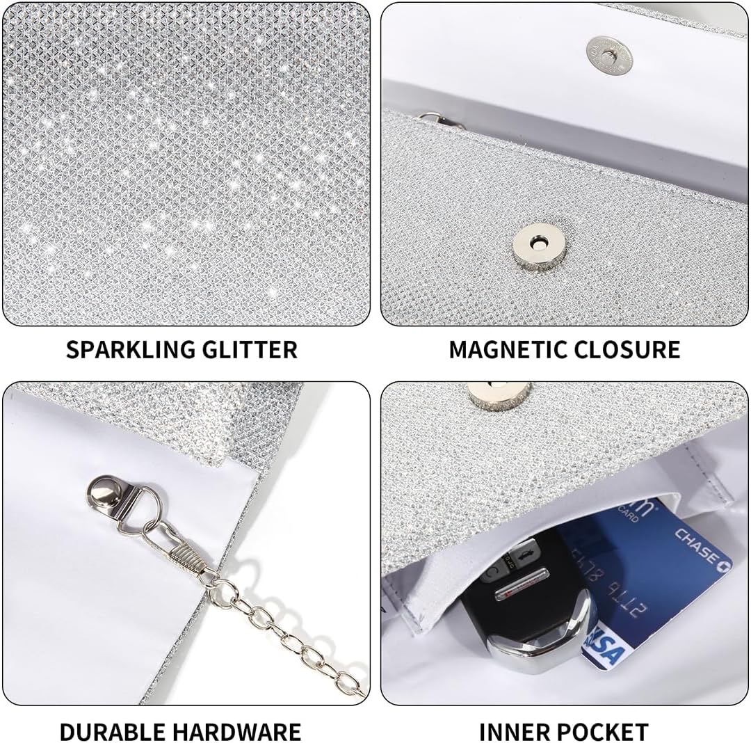 Evening Bag Clutch Purses for Women, Ladies Sparkling Party Handbag Wedding Bag, Silver
