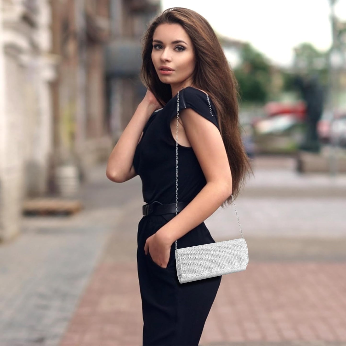 Evening Bag Clutch Purses for Women, Ladies Sparkling Party Handbag Wedding Bag, Silver