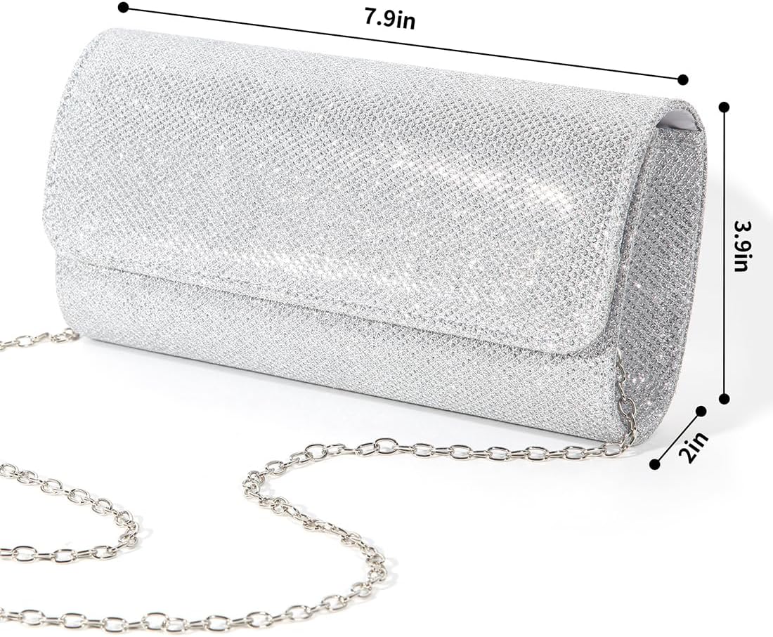Evening Bag Clutch Purses for Women, Ladies Sparkling Party Handbag Wedding Bag, Silver