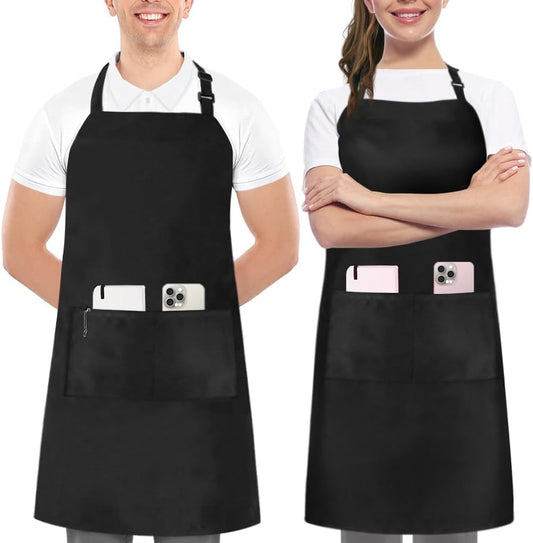 Adjustable Bib Apron (2-Pack) Water Oil Resistant Chef Cooking Kitchen Aprons with Pockets for Men Women
