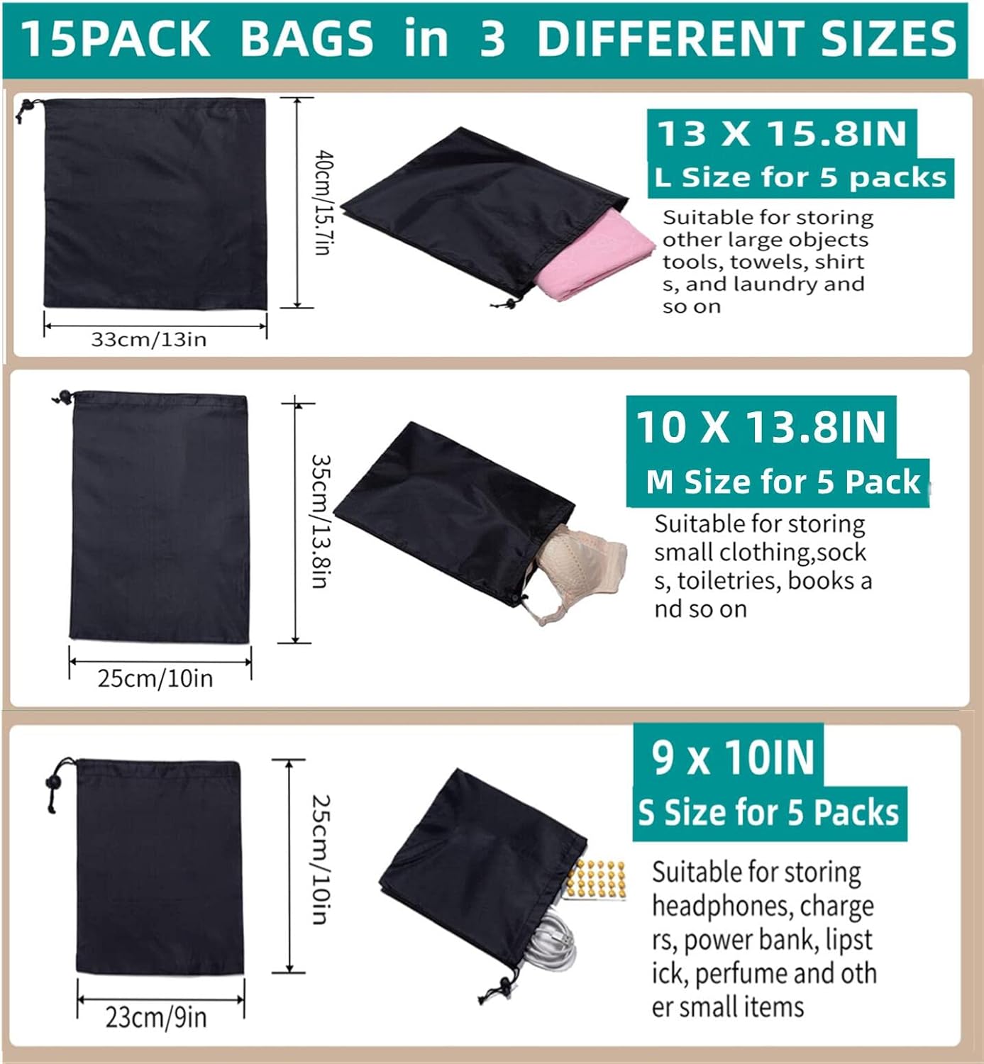 Drawstring Bag String Bag - 15Packs 3Sizes Nylon Cinch Ditty Stuff Pouch with Toggle for Gym, Luggage, Storage, Shoes, Travel