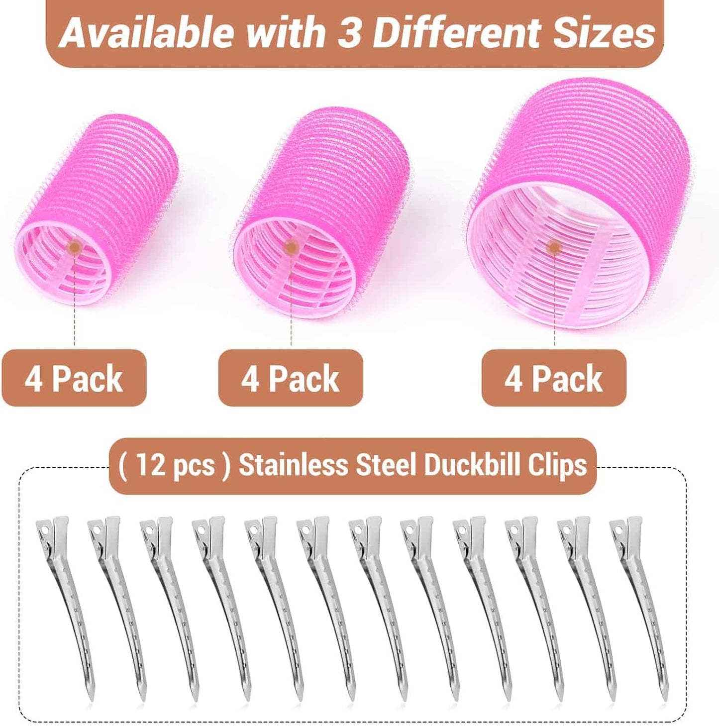 Self Grip Hair Rollers Curlers Set - 24 Pieces with 3 Sizes (4 Jumbo, 4 Large, 4 Medium) and 12 Clips for Volume on Long, Short, Thick, or Fine Hair