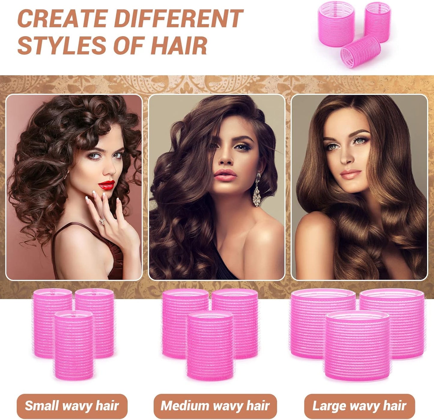 Self Grip Hair Rollers Curlers Set - 24 Pieces with 3 Sizes (4 Jumbo, 4 Large, 4 Medium) and 12 Clips for Volume on Long, Short, Thick, or Fine Hair