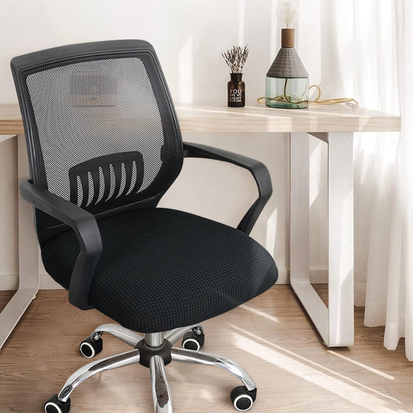 Office Chair Covers, Elastic Stretch Computer Chair Seat Slipcovers Super Fit Anti-dust Desk Seat Cover Spandex Removable Washable Kitchen Chair Protective Cover (Black)