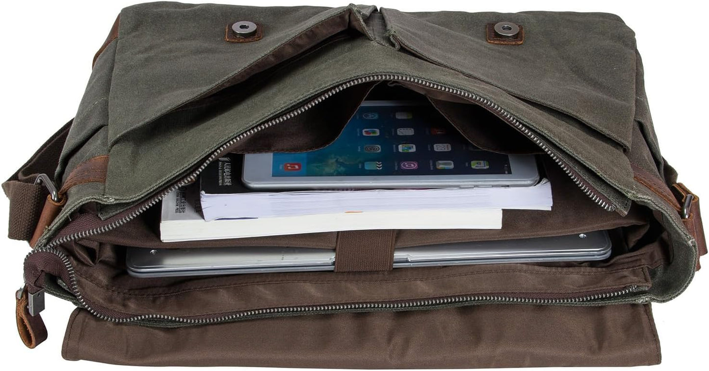 Vintage Genuine Leather Waxed Canvas Briefcase Large Satchel Shoulder Bag Rugged Computer 15.6" Laptop Bag