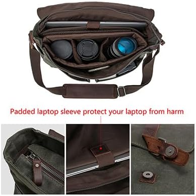 Vintage Genuine Leather Waxed Canvas Briefcase Large Satchel Shoulder Bag Rugged Computer 15.6" Laptop Bag