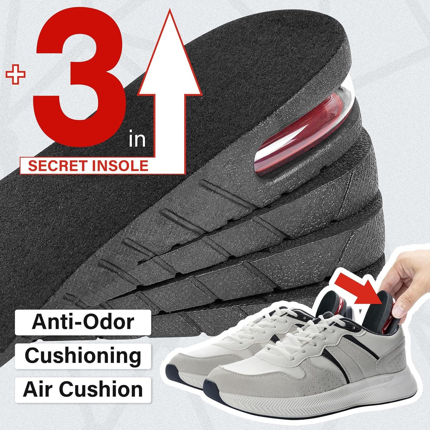 Height Increase Insole 3-Layer Air up Shoe Lifts Elevator Shoes Insole -6 cm(2.4inches) Heels lift Inserts for Men and Women