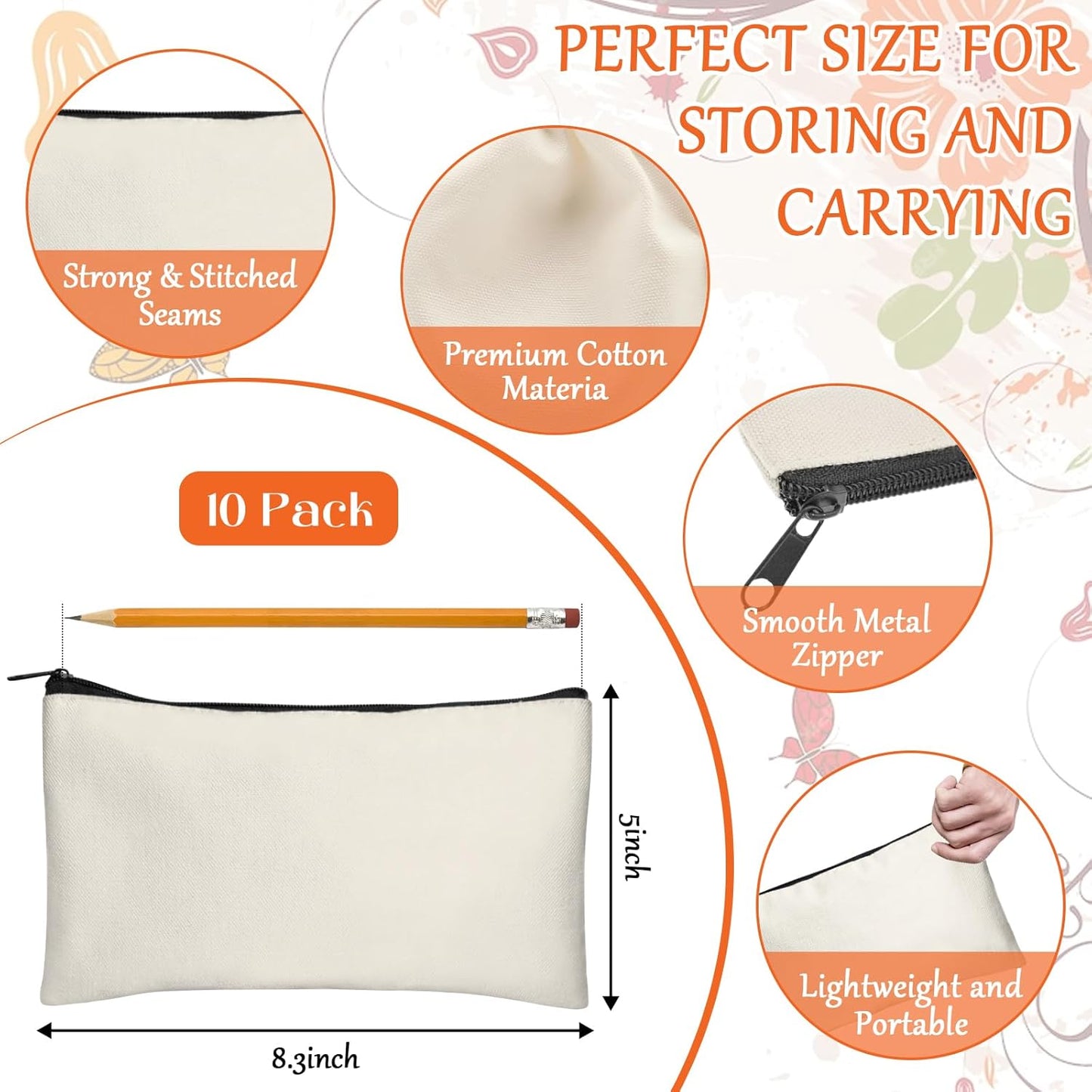 Blank DIY Craft Case Blank Makeup Bags- Canvas Pencil Pouch Bulk Cosmetic Bag Multi-Purpose Travel Toiletry Zipper Bags (8.3 × 5 Inch)