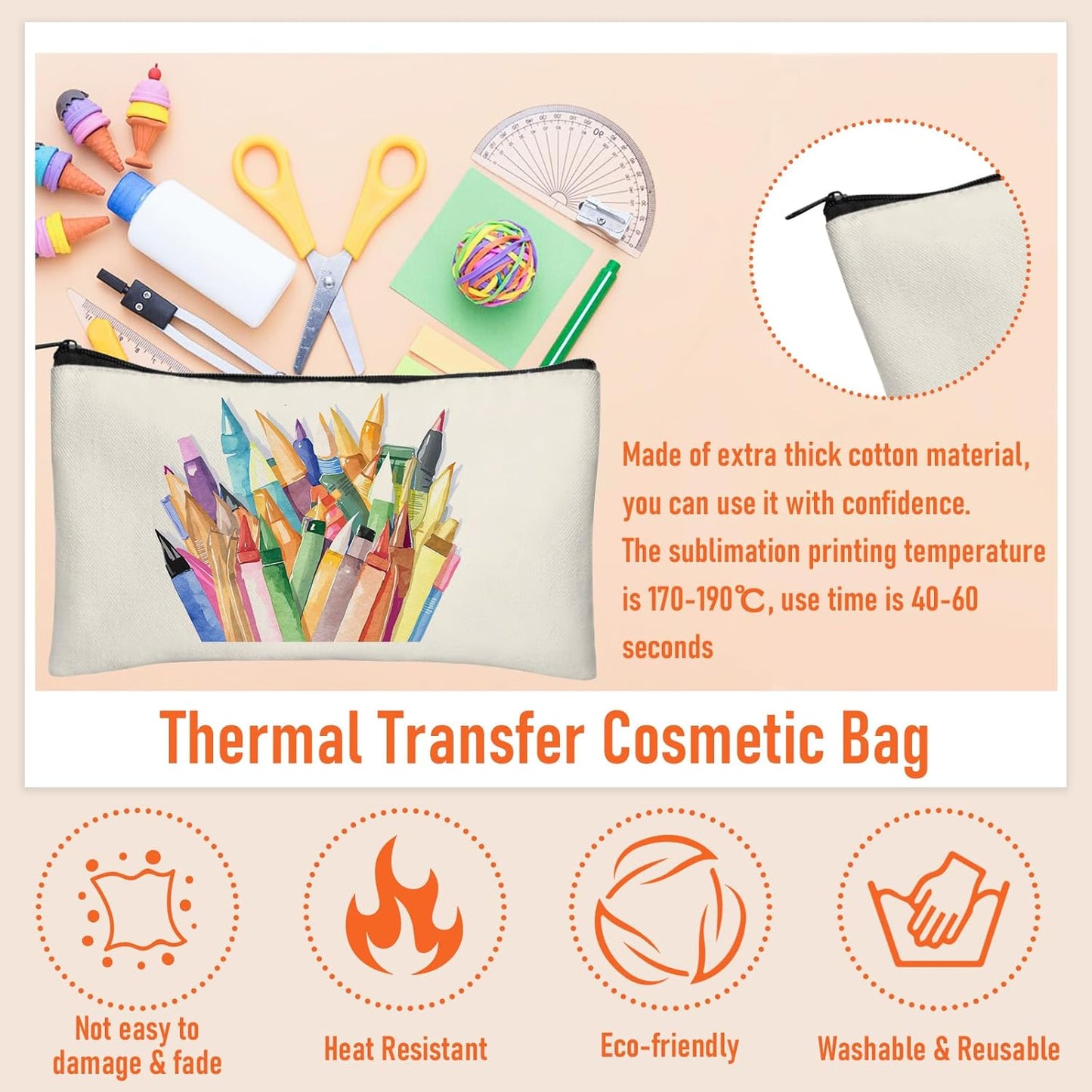 Blank DIY Craft Case Blank Makeup Bags- Canvas Pencil Pouch Bulk Cosmetic Bag Multi-Purpose Travel Toiletry Zipper Bags (8.3 × 5 Inch)