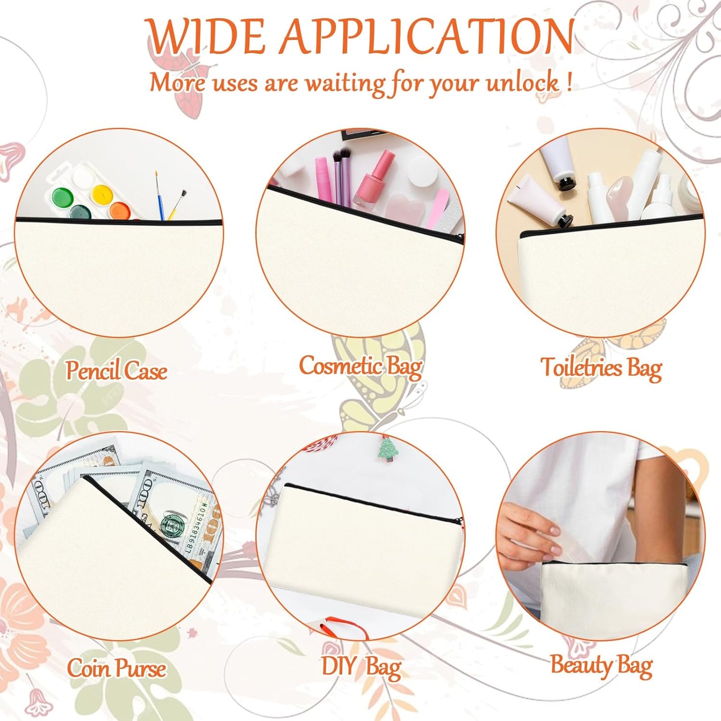 Blank DIY Craft Case Blank Makeup Bags- Canvas Pencil Pouch Bulk Cosmetic Bag Multi-Purpose Travel Toiletry Zipper Bags (8.3 × 5 Inch)