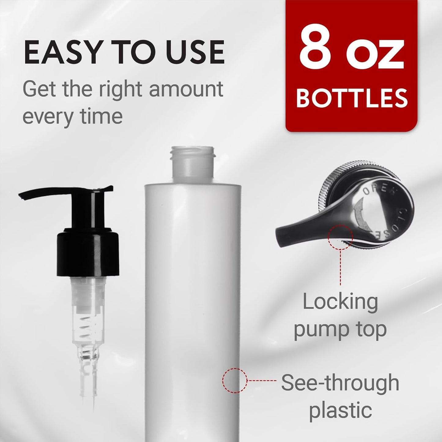 6 Pack 8 Oz Plastic Pump Dispenser Bottles for Lotion, Massage Oil, Shampoo and More - Refillable, BPA Free Clear/Frosted Empty 8oz Containers - Fit Into Holsters, Bulk