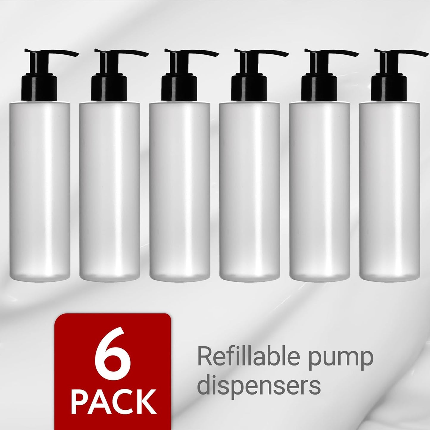 6 Pack 8 Oz Plastic Pump Dispenser Bottles for Lotion, Massage Oil, Shampoo and More - Refillable, BPA Free Clear/Frosted Empty 8oz Containers - Fit Into Holsters, Bulk