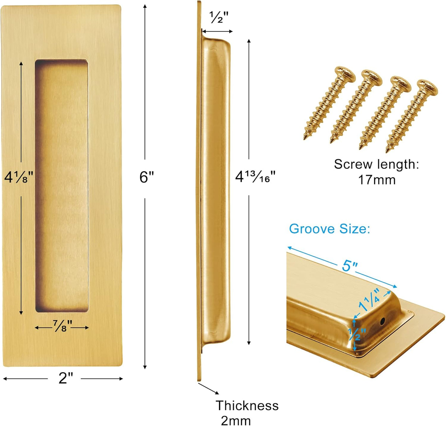 Recessed Finger Flush Pulls for Pocket, Sliding Barn Door - Brushed Gold Stainless Steel Rectangular Door Pulls (2 Pack) 6 Inch