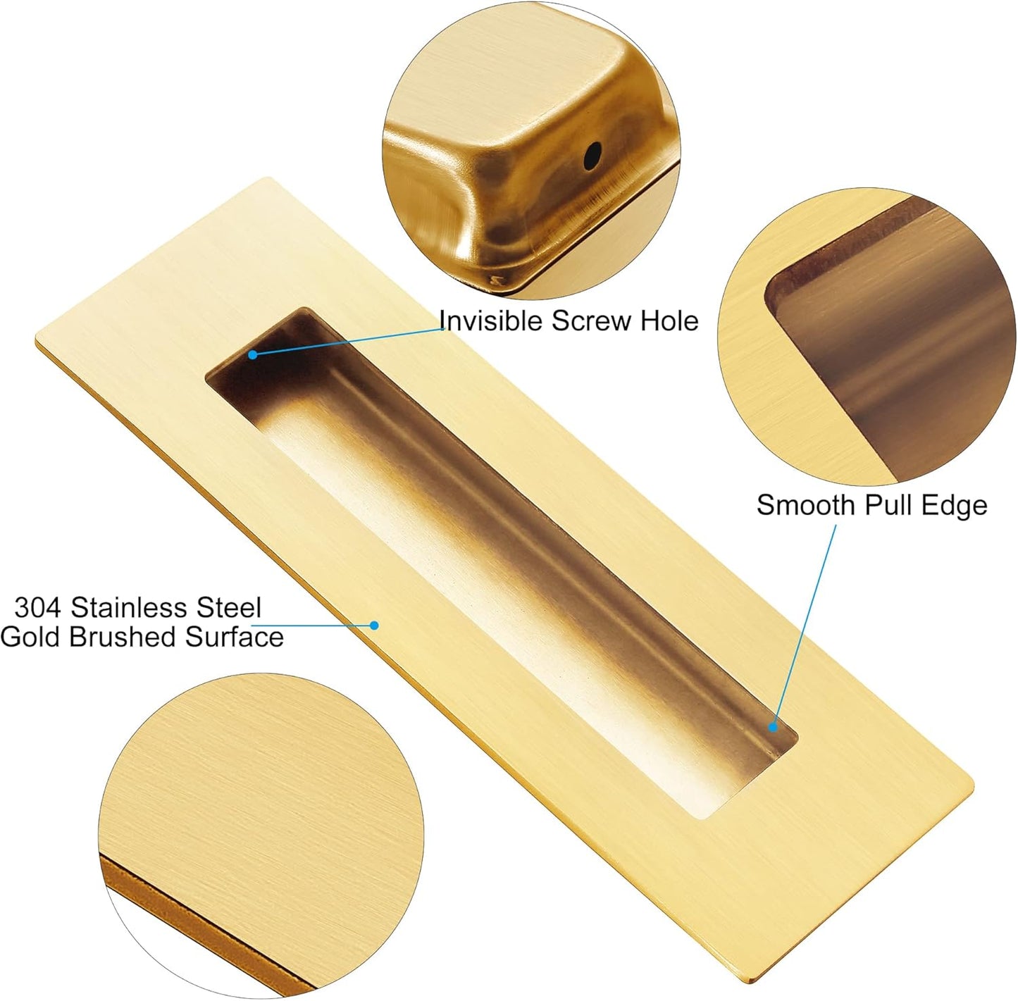 Recessed Finger Flush Pulls for Pocket, Sliding Barn Door - Brushed Gold Stainless Steel Rectangular Door Pulls (2 Pack) 6 Inch