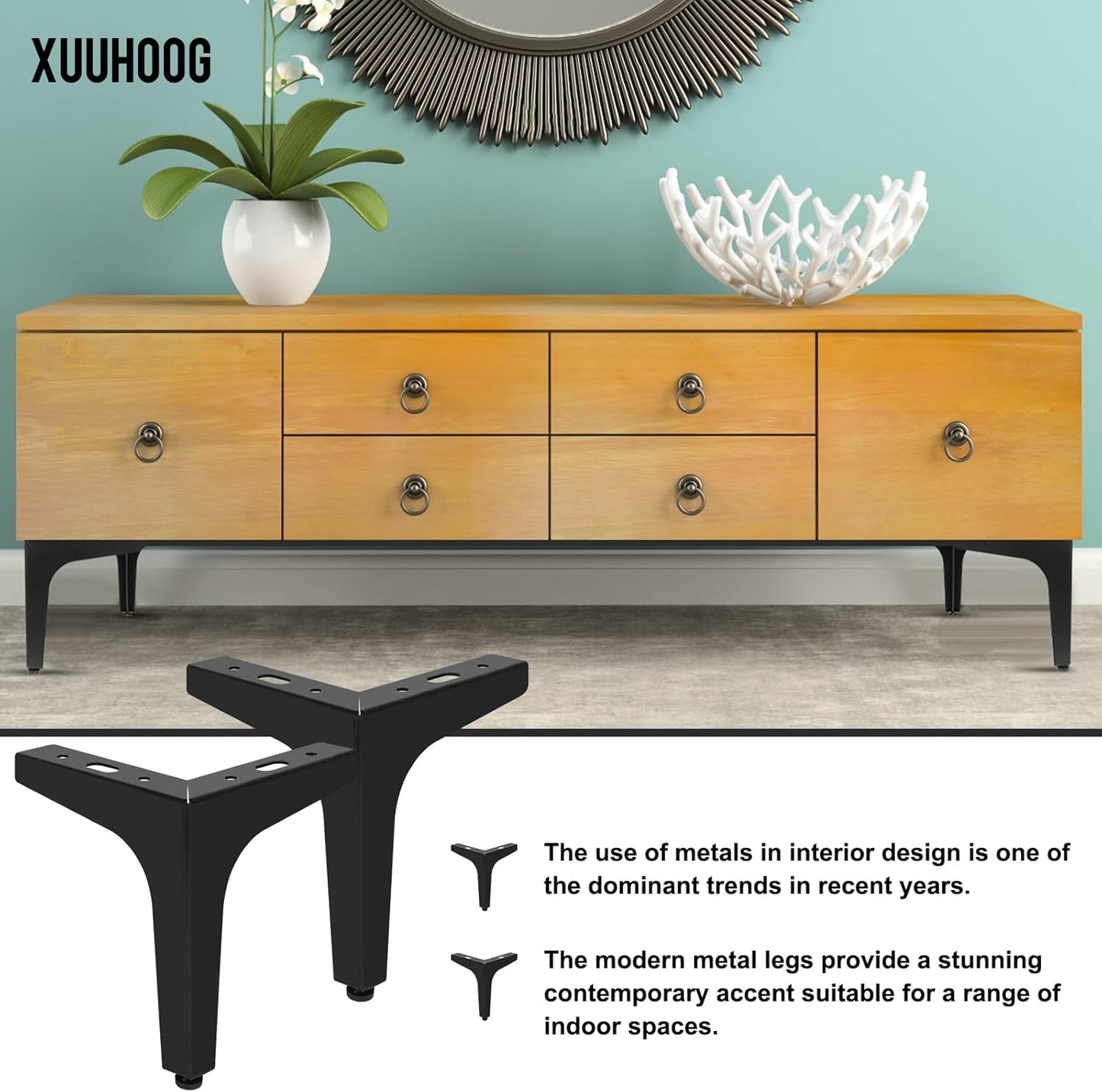 6 Inch Metal Furniture Legs - Set of 4 Modern Iron Diamond Triangle Feet, Black, for Sofa, Cabinet, Chair, Bed, and More