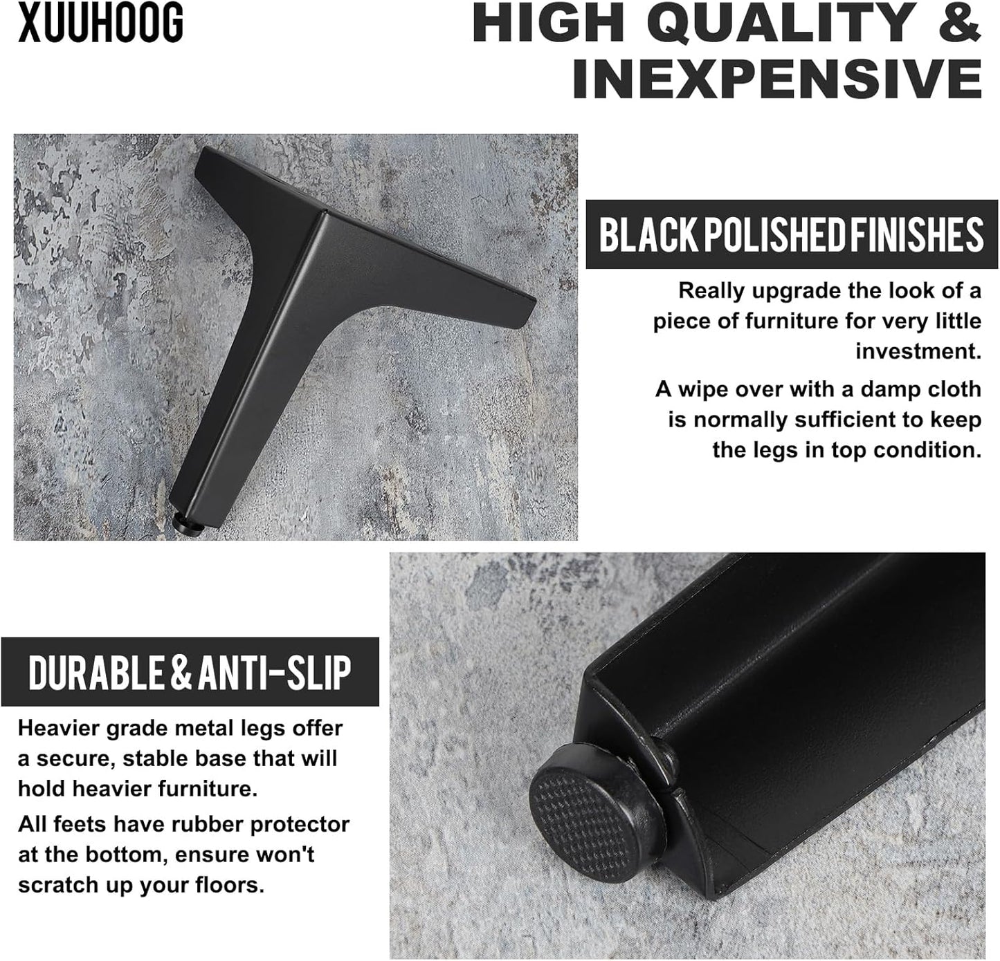 6 Inch Metal Furniture Legs - Set of 4 Modern Iron Diamond Triangle Feet, Black, for Sofa, Cabinet, Chair, Bed, and More