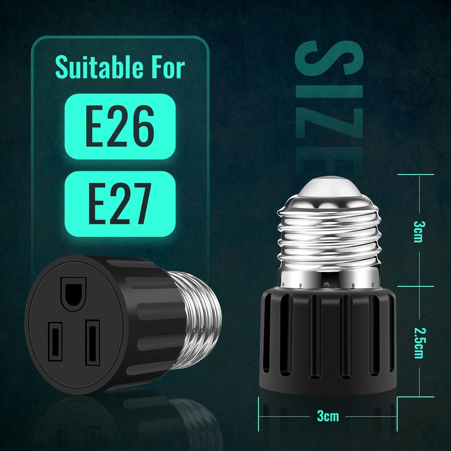 (2Pack) Light Socket Plug Adapter, Convert E26/E27 Light Bulb Socket to Outlet Adapter, Professional Material & Easy to Install Light Bulb Socket Adapter, Light Socket Adapter for Widely Used - Black