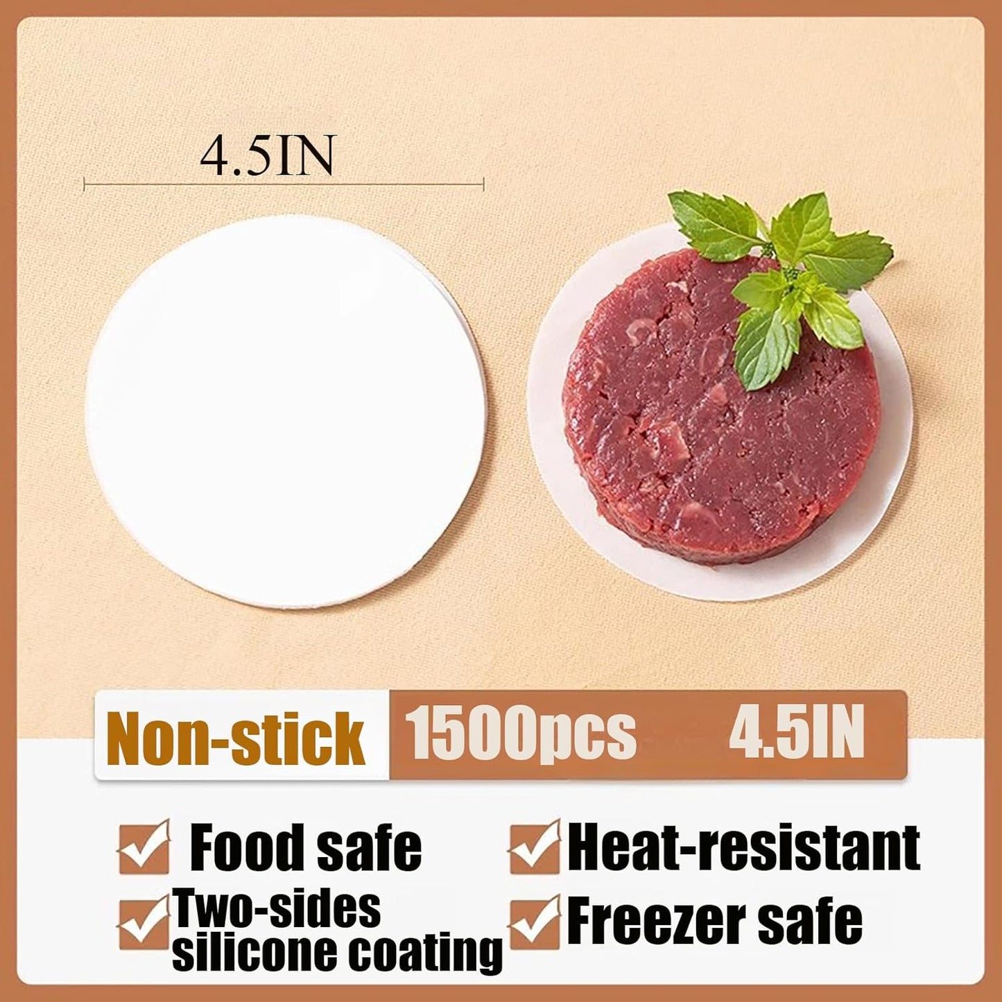 1500pcs Hamburger Patty Paper, 4.5IN Non-Stick Wax Papers, Round Parchment Paper, Food-Grade Burger Sheets for Patty Separating, Freezing, BBQ, Ground Beef and Turkey