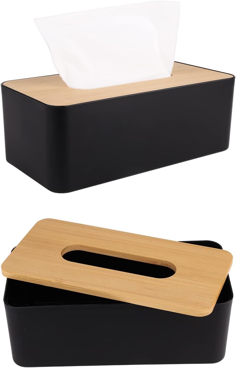 Tissue Box Cover,Tissue Holders,Tissue Box Holder for Bathrooms,Bamboo Cover Plate,Home and Office,9.7 * 5 * 3.6in (Black)