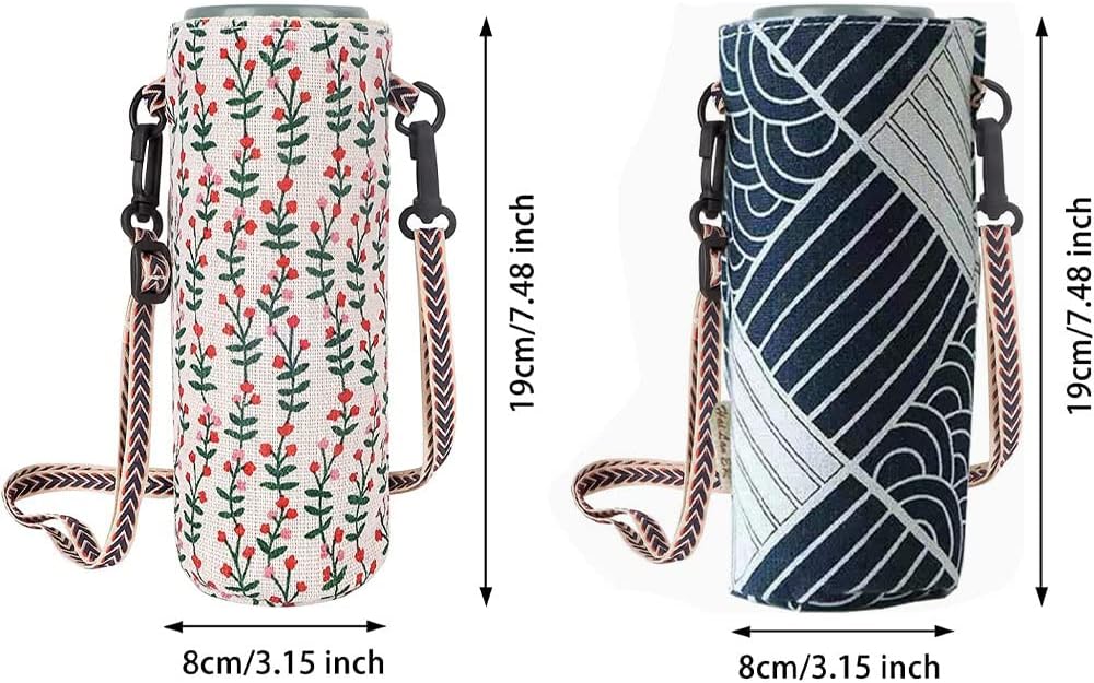 2 PCS Water Bottle Bag,Water Bottle Carrier Bag Case Floral Printing Bottle Pouch Holder Portable Water Bottle Holder Pouch Cover Portable Bottle Cover Bags with Adjustable Shoulder Strap,for Hiking
