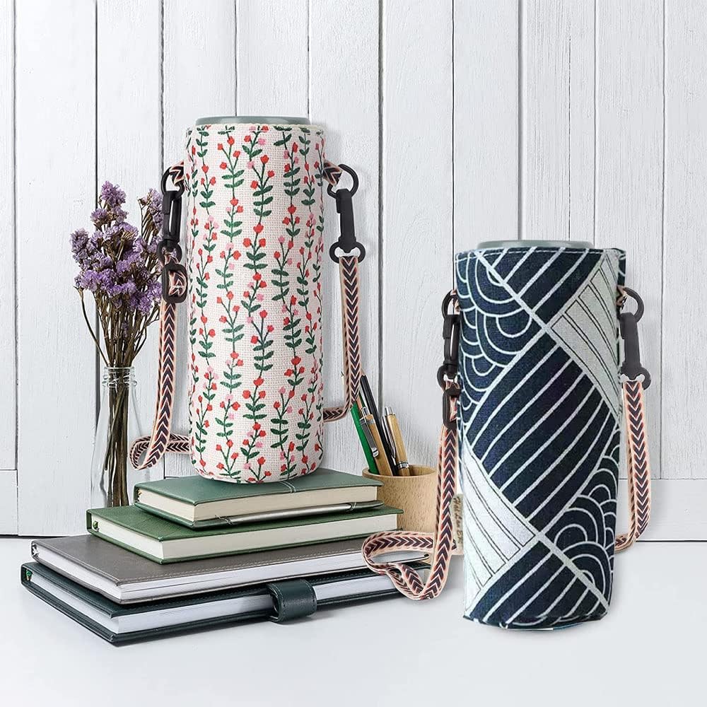 2 PCS Water Bottle Bag,Water Bottle Carrier Bag Case Floral Printing Bottle Pouch Holder Portable Water Bottle Holder Pouch Cover Portable Bottle Cover Bags with Adjustable Shoulder Strap,for Hiking