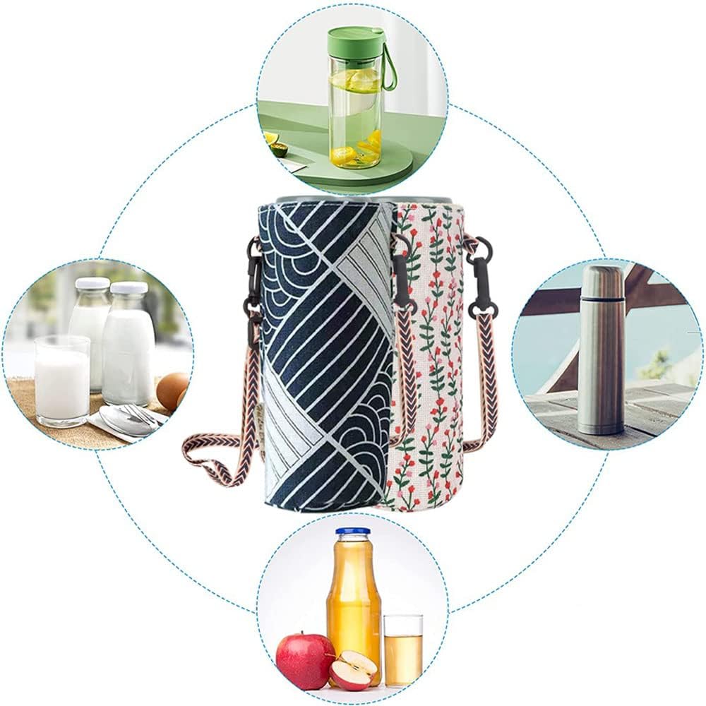 2 PCS Water Bottle Bag,Water Bottle Carrier Bag Case Floral Printing Bottle Pouch Holder Portable Water Bottle Holder Pouch Cover Portable Bottle Cover Bags with Adjustable Shoulder Strap,for Hiking