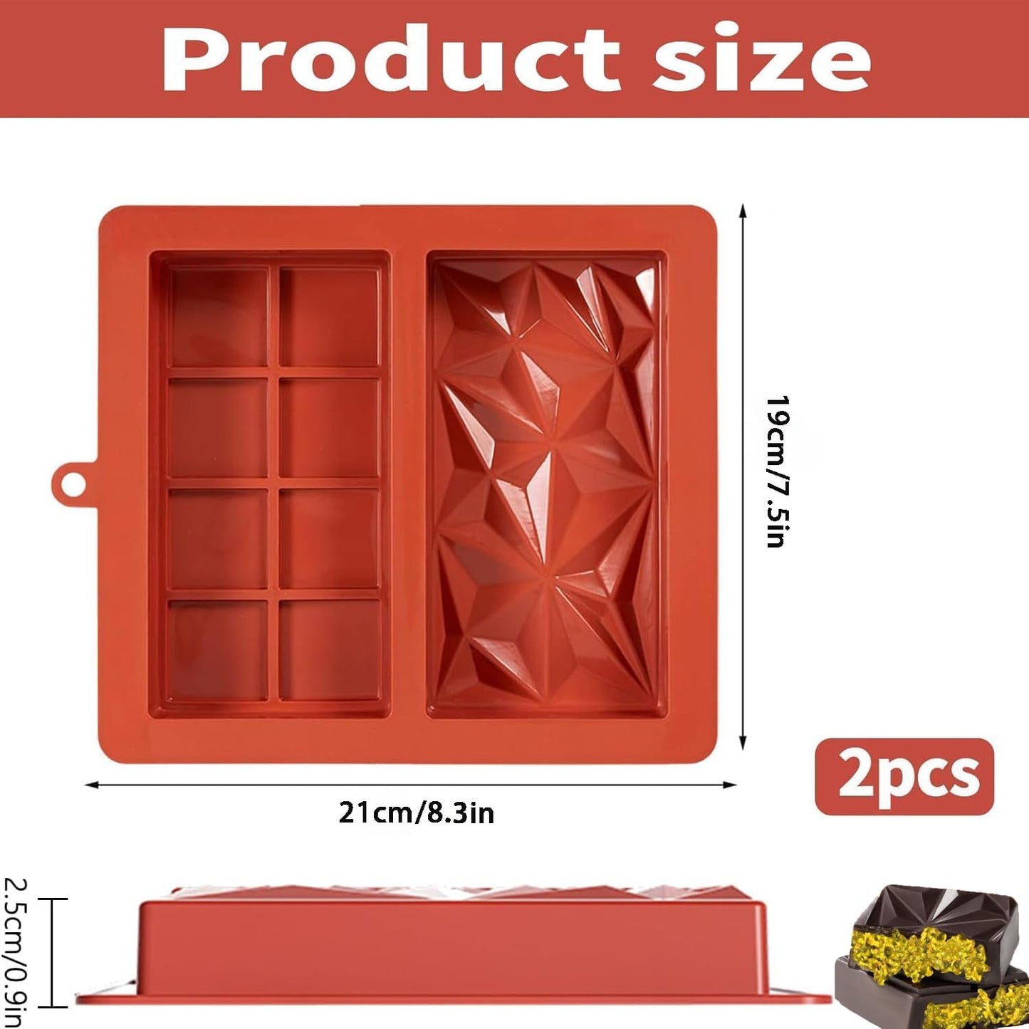 2 Pcs Chocolate Bar Mold, Non-Stick Chocolate Silicone Molds, Deep Chocolate Bar Candy Molds for Filling, DIY Dubai Pistachio Chocolate Thick Mold for Stuffed, Kitchen Baking Mold for Knafeh